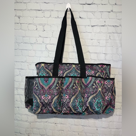 LoDrid multi pocket & compartment tote/organizer bag, teal & pink paisley print - Picture 1 of 5